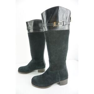 Tory Burch Black Suede Jenna Logo Tall Knee Riding Boots New